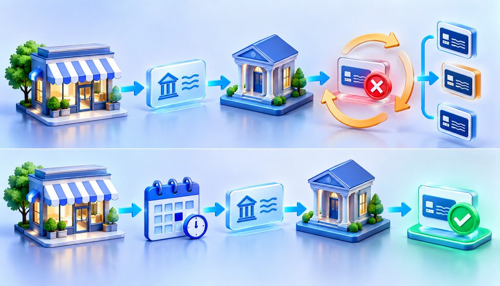 3D comparison showing ACH retry activity versus a separate future scheduled debit after a bounced payment
