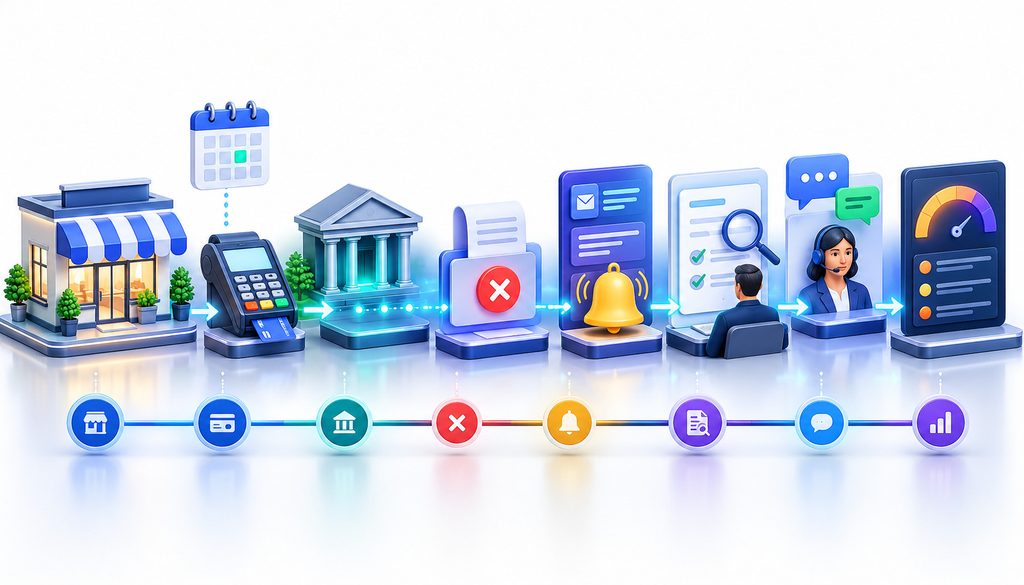 3D workflow showing the immediate review and notification process after a missed merchant cash advance payment